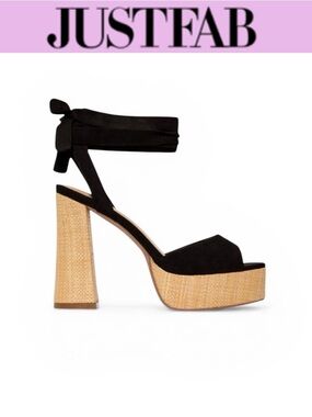 JUSTFAB HIGH MAINTENANCE BLACK PLATFORM HEELS RAFFIA BLOCK HEEL ANKLE TIE